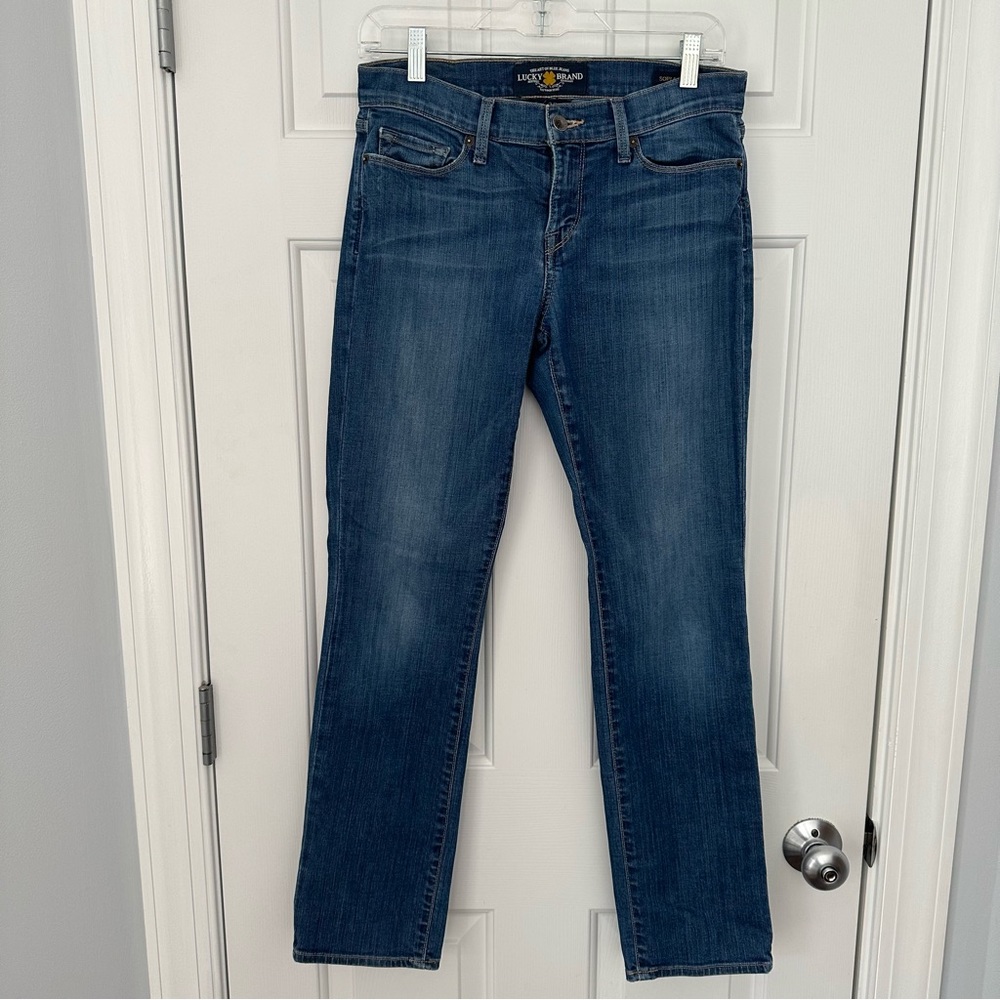 Lucky Brand Sofia Straight Mid Rise Jeans Denim Whiskering Sz 6 28 Waist